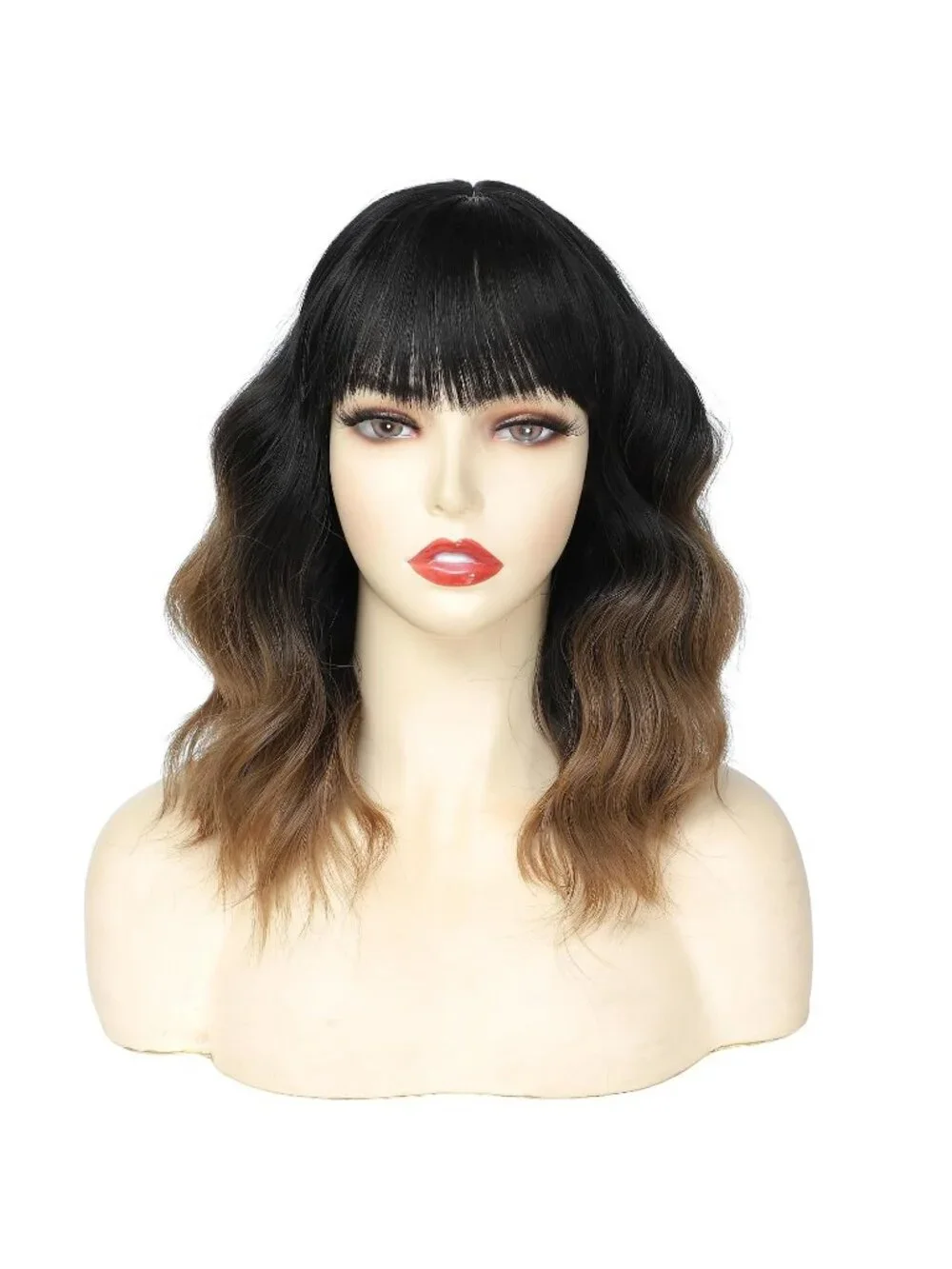 Women's Black Brown 14 Inch Heat Resistant Short Wavy Hair Pastel Bob Wig Bangs